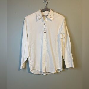 Vintage Capacity Embroidered Snowman Shoulder Pad Button Up Shirt, White, Med